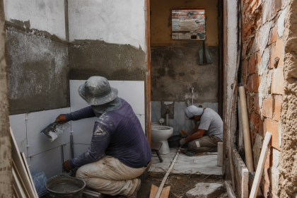 Trabalhadores realizam reforma em uma moradia de área periférica de Fortaleza