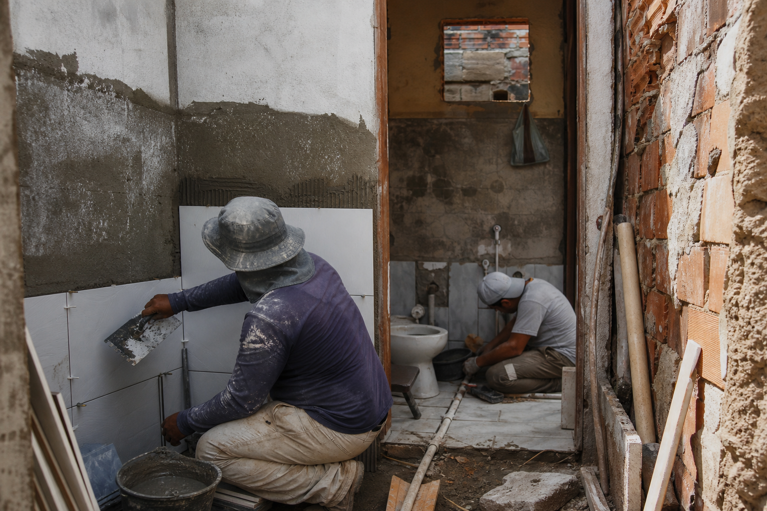 Trabalhadores realizam reforma em uma moradia de área periférica de Fortaleza